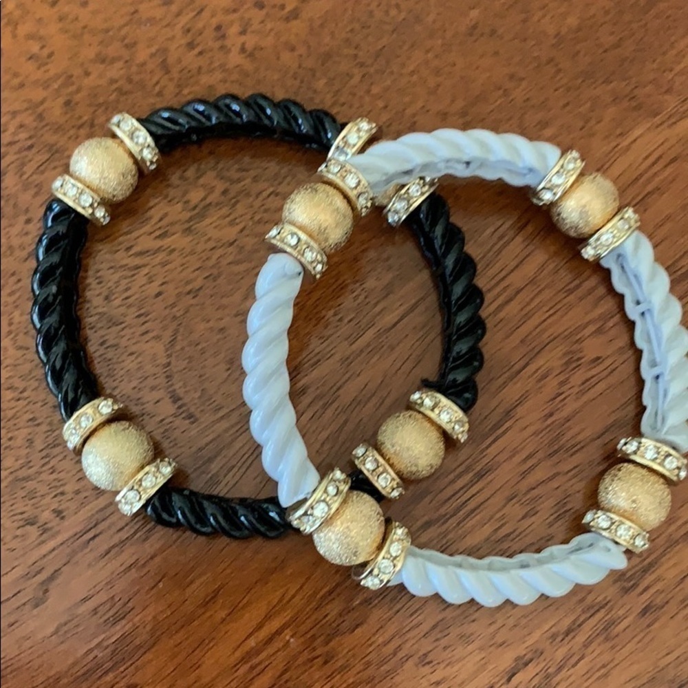 Stretchy Grey & Black Twist Bracelets with Gold Tone & Faux Diamond Accents (2)